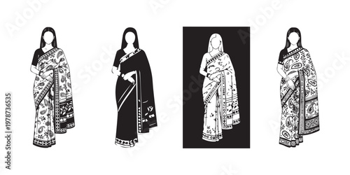 Traditional Sarees showcasing diverse patterns and draping styles in black and white imagery