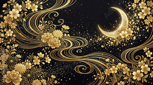 金色の和柄背景｜桜と月を描いた高級感ある和風デザイン素材