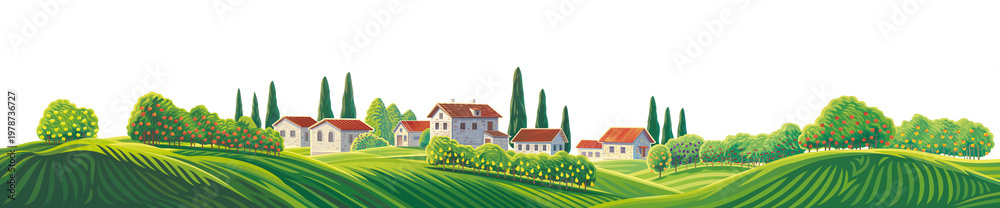 Fototapeta premium Illustration of a rural landscape in a panoramic format. The scene includes orchards, a village, and green hills.