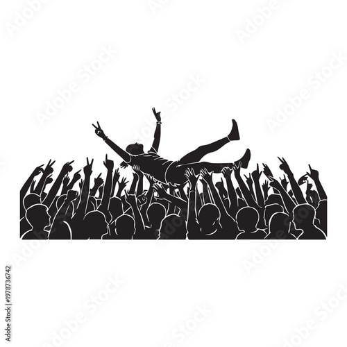 Energetic crowd celebrating a triumphant moment with raised hands and a lifted individual.