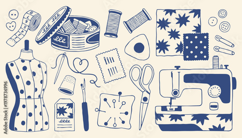 Hand drawn vector sewing kit set in Mediterranean blue. Features sewing machine, mannequin, scissors, and tools. Vintage craft icons for tailor shop, DIY atelier, and needlework hobby design