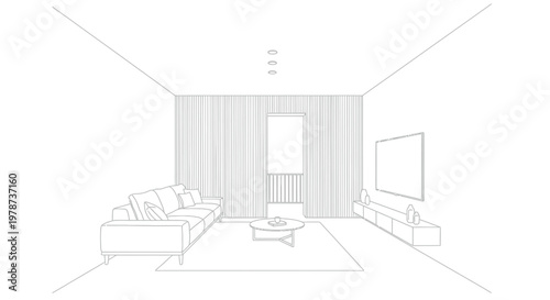 A minimalist living room interior sketch featuring a sofa tv and vertically lined wall