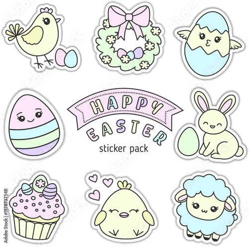 Set of Easter stickers with cute kawaii-style characters. Bunny, chick, eggs, cupcake with decorations, Easter wreath, and ribbon with text “Happy Easter.” Easter symbols for decoration.