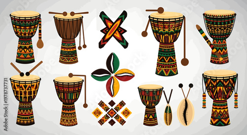 Juneteenth Cultural Drum Icon Set, African Heritage Music and Celebration