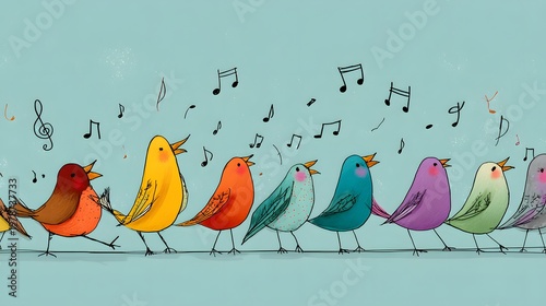 Whimsical Cartoon Design Depicting a Line of Multi-hued Singing Birds with Dancing Musical Notes on an Elegant Soft Blue Backdrop