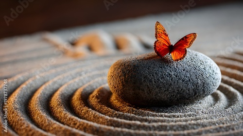 Intricate Zen Garden with Stone and Butterfly for Meditative Relaxation in a Harmonious Outdoor Retreat