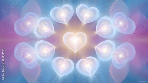 Detailed illustration of nine radiant hearts encircling a luminous white orb symbolizing unity, compassion, and deep emotional harmony