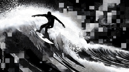 Surfer Conquering a Geometric, Monochrome Ocean Wave with Futuristic Fluid Motion and Dynamic Agility in a Modern Graphic Artwork