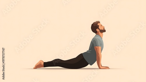 Serene Digital Vector Art of a Caucasian Man Performing Hatha Yoga Bhujangasana for Beginners in a Flat Design Style with a Soft, Pastel Light Colored Background Emanating Tranquility