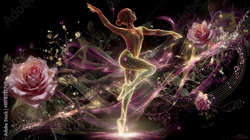 Artistic Composition of Meditative Grace with Rose Imagery and Whimsical Musical Notes Embracing Spiritual Rejuvenation