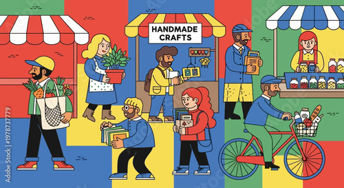 People shopping and selling handmade crafts at outdoor market