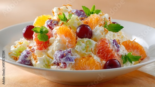 Detailed gourmet ambrosia salad presentation with balanced textures and color harmony on a subtle pale apricot background