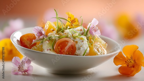 Refined summery ambrosia salad with an elegant white bowl and soft apricot ambient tones capturing natural freshness and balanced aesthetics