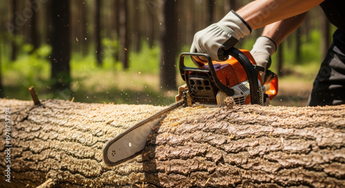 Man using chainsaw to cut fallen tree in forest during daytime  
