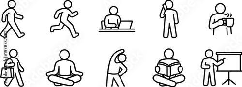 Simple line drawing depicting various daily human activities