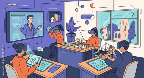 People working in a modern office with computers and a video conference