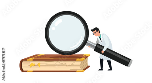 Professional researcher in a sterile white coat uses a large magnifying glass to study an antique leather book within a bright minimalist environment.