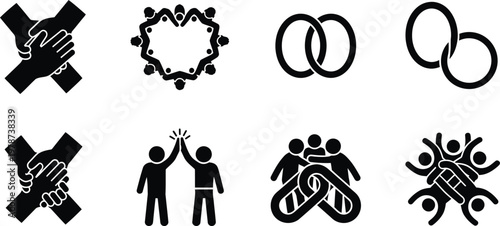 A collection of black silhouette icons depicting various forms of connection unity and celebration among people and relationships