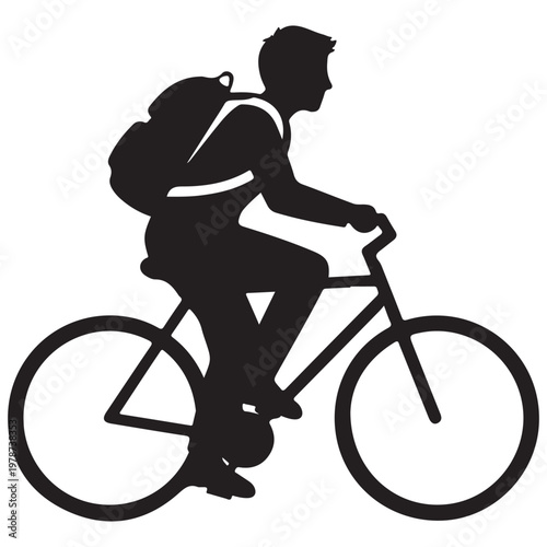 Silhouette of a man riding a bicycle with a backpack for urban commuting and active lifestyle vector illustration