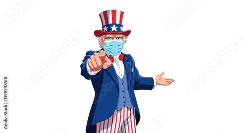 Uncle Sam Wearing Face Mask Points Finger Promoting Public Health And Safety