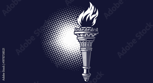 White Torch With Flames and Halftone Dots on Dark Blue Background