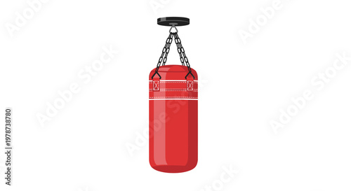 A vibrant red heavy boxing bag hangs from a sturdy black mount with thick metal chains against a pristine white background in a minimalist studio light.
