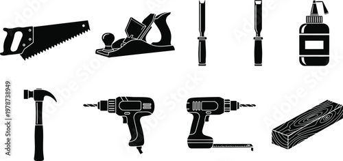 Black and white illustration of various hand and power tools for construction and repair work