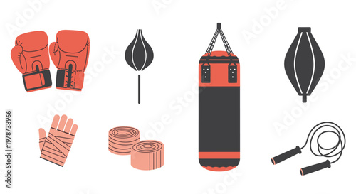 A comprehensive collection of professional boxing gear including gloves and hand wraps arranged neatly on a clean white surface under soft studio lighting.