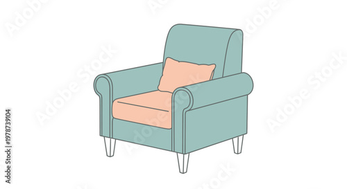 Teal armchair with peach cushion.