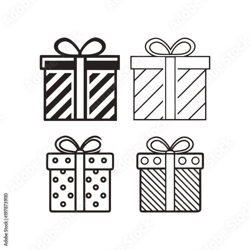 Collection of four simple line art gift boxes with different patterns and bows