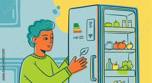 person opening eco friendly refrigerator with healthy food inside
