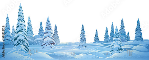 Winter landscape, with standing in the foreground snow-covered fir trees illuminated in evening or morning light. Raster Illustration.