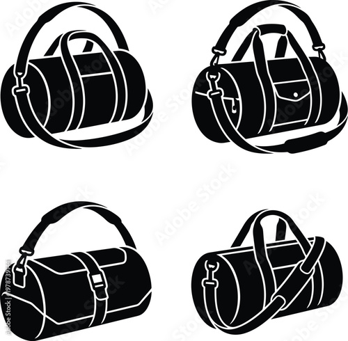 Assortment of four black and white vector illustrations featuring different styles of sports gym and travel duffel bags.