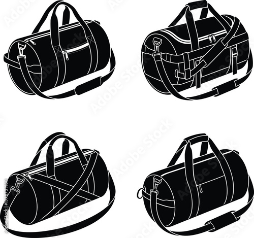 Array of four black silhouette duffel bag icons with elaborate straps and handles for sports and travel.