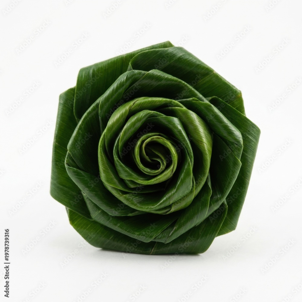 Obraz premium Hand folded rose made from green pandan leaf isolated on white background.