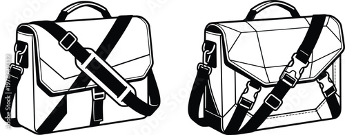 Vector drawing of two messenger bags with adjustable straps and buckles in black and white line illustration technique.