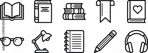 Line art icons depicting books study tools and learning objects