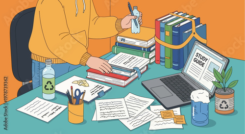 person working on laptop with books and stationery