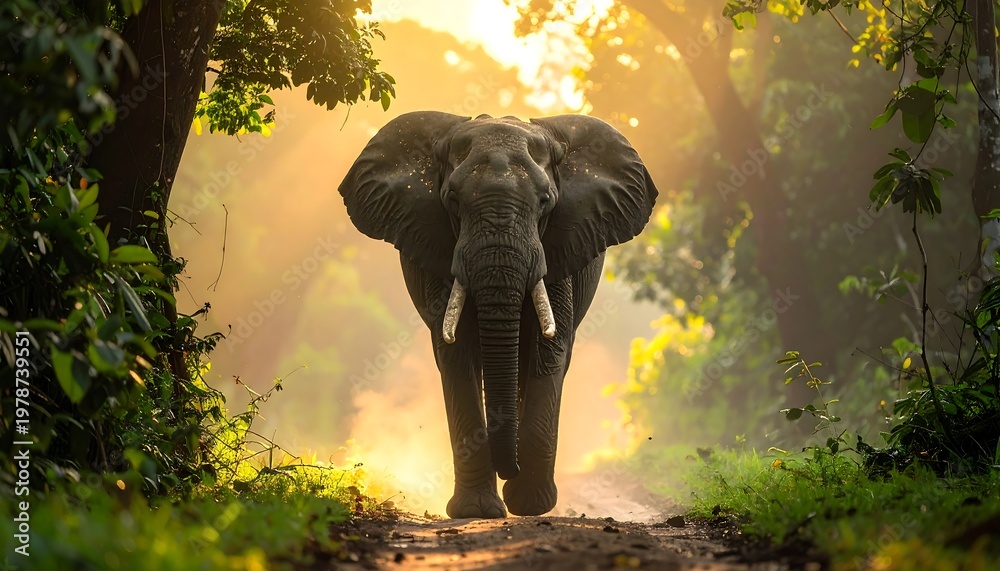Fototapeta premium Majestic Elephant Strolling Through Lush Forest Sunlight.