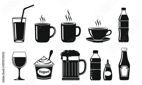 Various beverage and drink icons including coffee tea and soda bottles