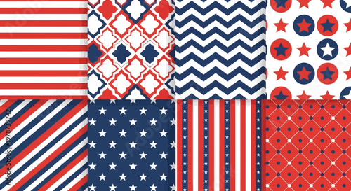 American Flag Themed Seamless Patterns: Stars, Stripes, and Geometric Designs