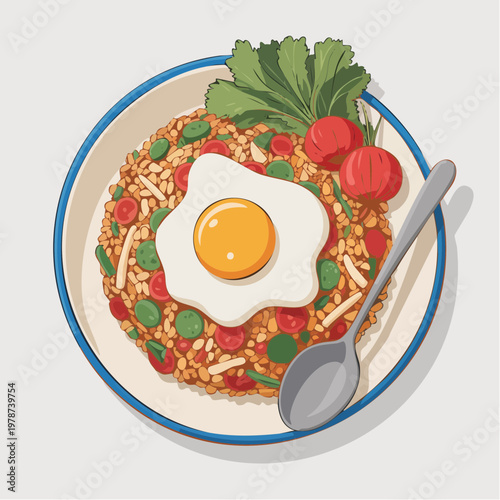 A delicious illustration of a fried egg on a plate of rice and vegetables with a spoon.