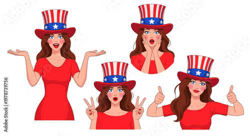 American Patriot Woman Expressing Excitement and Approval in Uncle Sam Hat