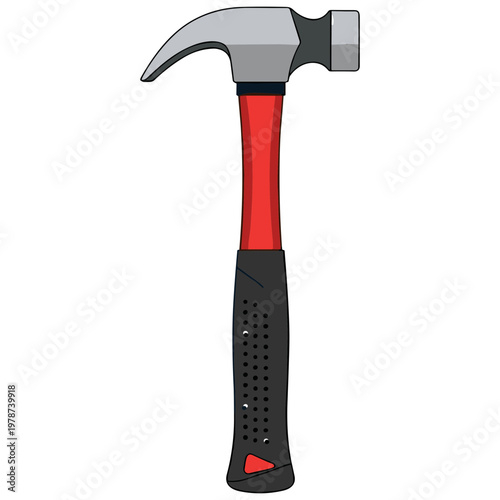 A hammer with a red and black handle is shown upright.