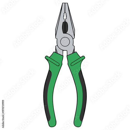 A green handled pair of needle nose pliers with ergonomic grips.