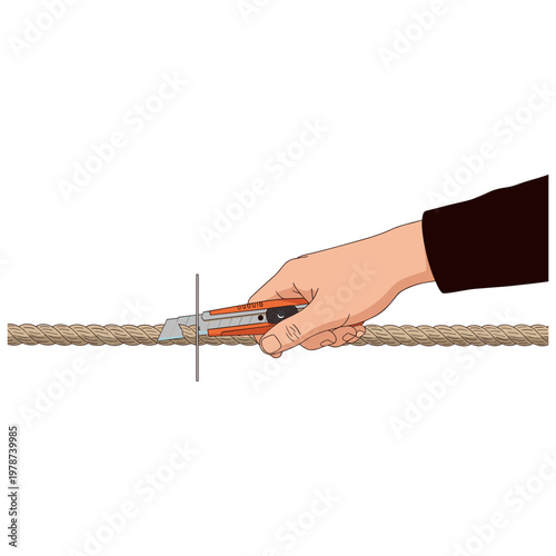 A hand cuts through a rope with a utility knife indoors.