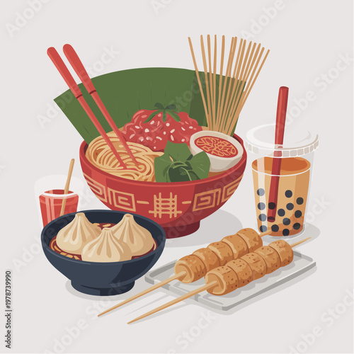 A vibrant illustration of a steaming bowl of noodles, dumplings, and skewers of food, accompanied by a refreshing drink, showcasing a variety of Asian street food delicacies on a plate and table.