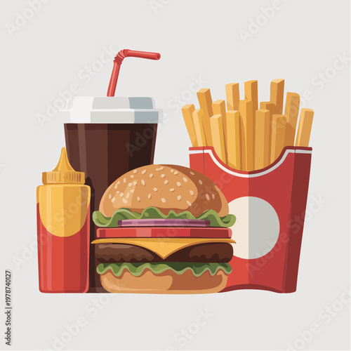 A mouthwatering fast food meal consisting of a cheeseburger, fries, and soda is displayed appetizingly on a table indoors.