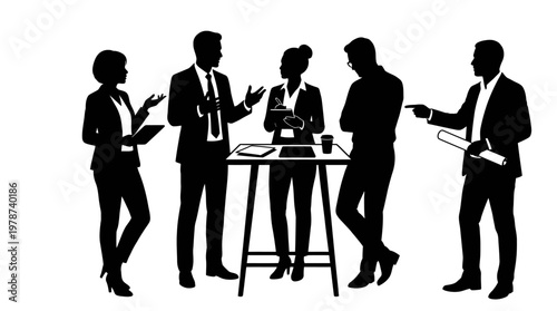 Business people standing around table talking.