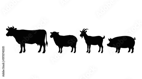 Black silhouettes of farm animals standing.